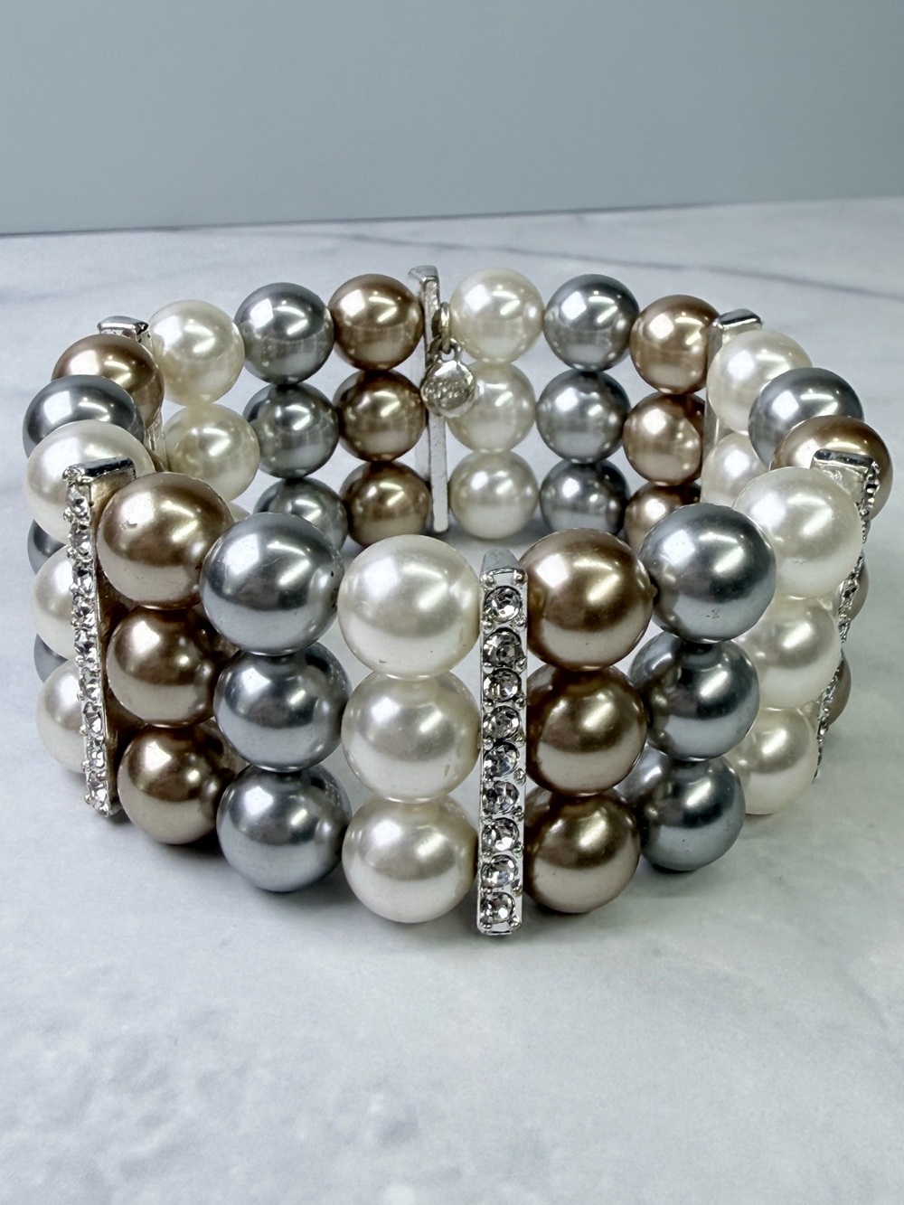 Roman RMN 3-Strand Multi-Tone Faux Pearl Rhinestone Spacer Stretch Bracelet